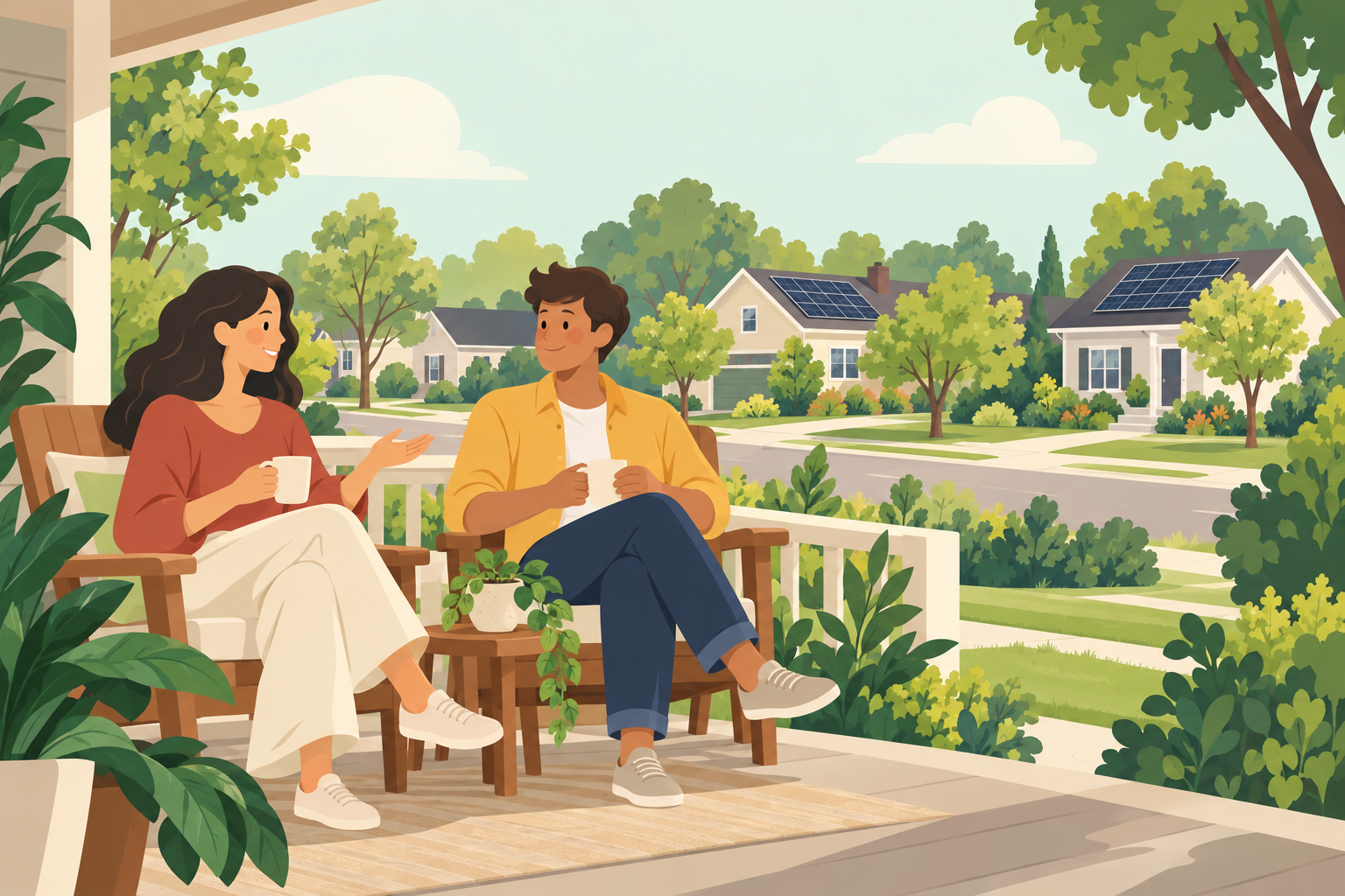 Two neighbors sharing coffee on a porch, with a few homes and subtle solar panels in the distance.